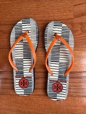 Tory Burch Orange-Strap Black & White Patterned Flip Flops